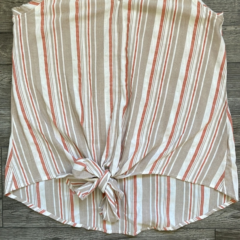Umgee | Neutral Vertical Striped Tie Front Spaghetti Stripe Tank Top Small - Picture 2 of 8